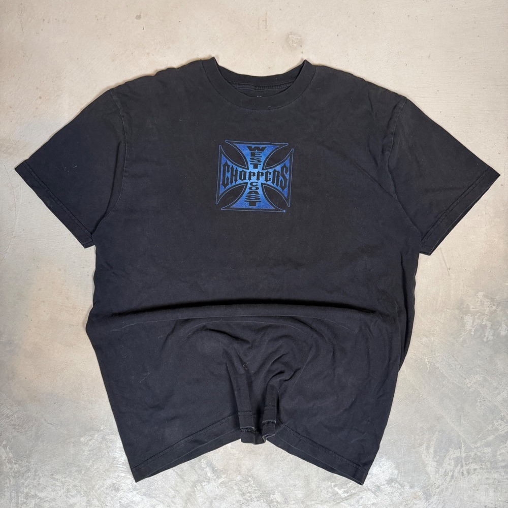 West Coast Choppers Mens XL Black Graphic T-Shirt Blue Iron Cross Motorcycle Tee